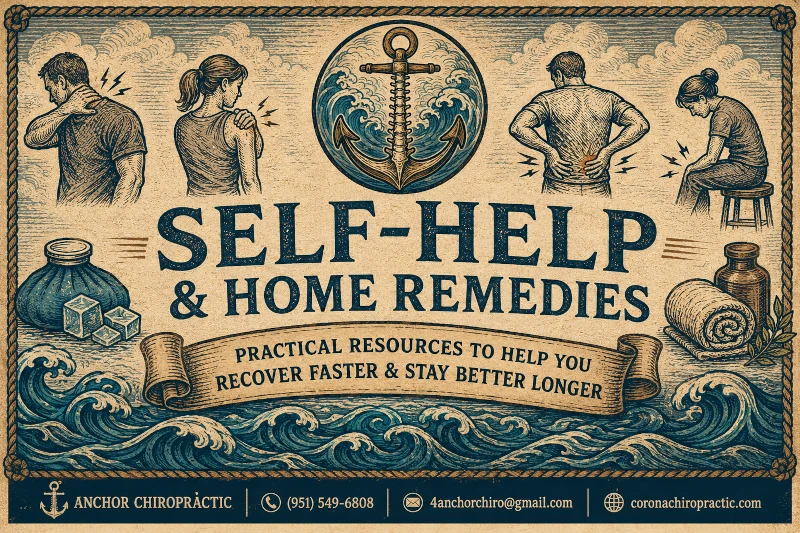 Vintage nautical illustration for Anchor Chiropractic’s self-help and home remedies page, showing neck, shoulder, lower-back, and knee pain.